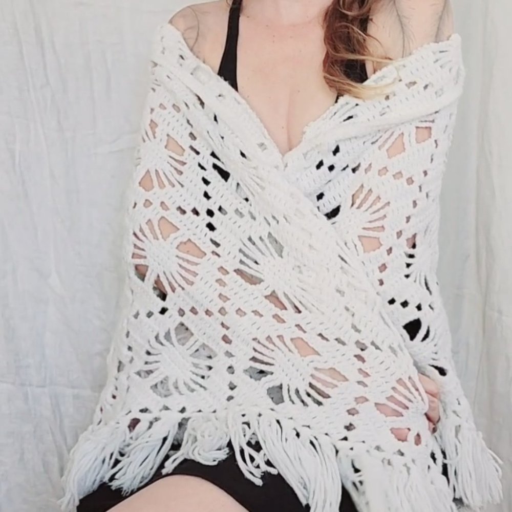 white cottagecore granny shawl, Vintage 1970 handmade fringe crochet shrug scarf